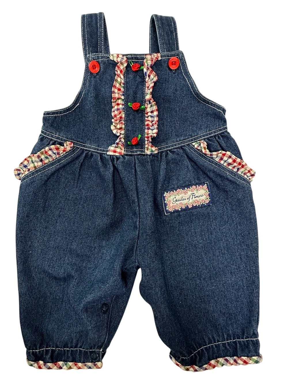 Baby Girl Denim Overalls 0-6M with Garden of Flowers Patch Red White Blue Trim